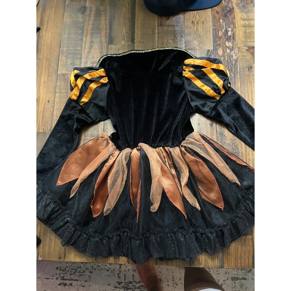 SPOOKED Witch Halloween Costume Dress Girls M 5-6 Black Orange Tutu Velvet